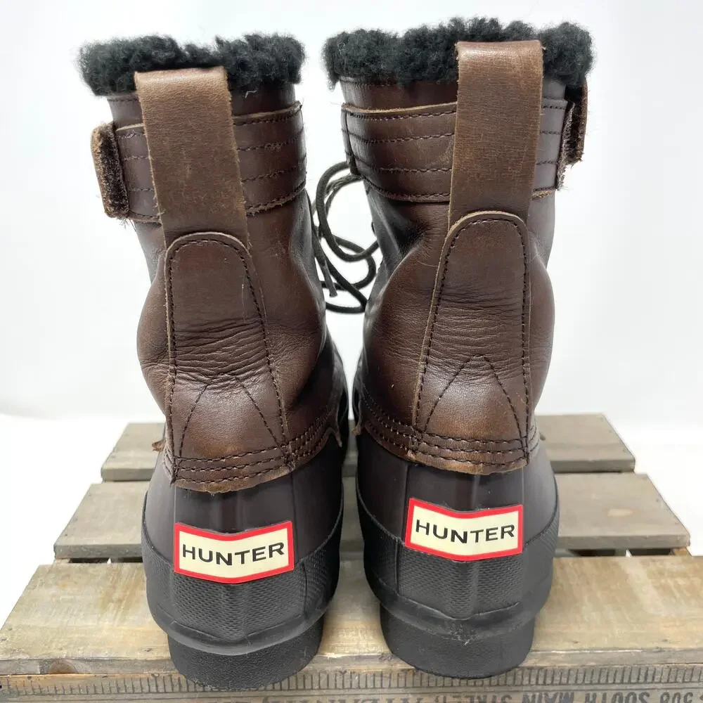 Hunter Lace Up Shearling Lined Duck Boots In Brown Size 9 - Picture 6 of 9
